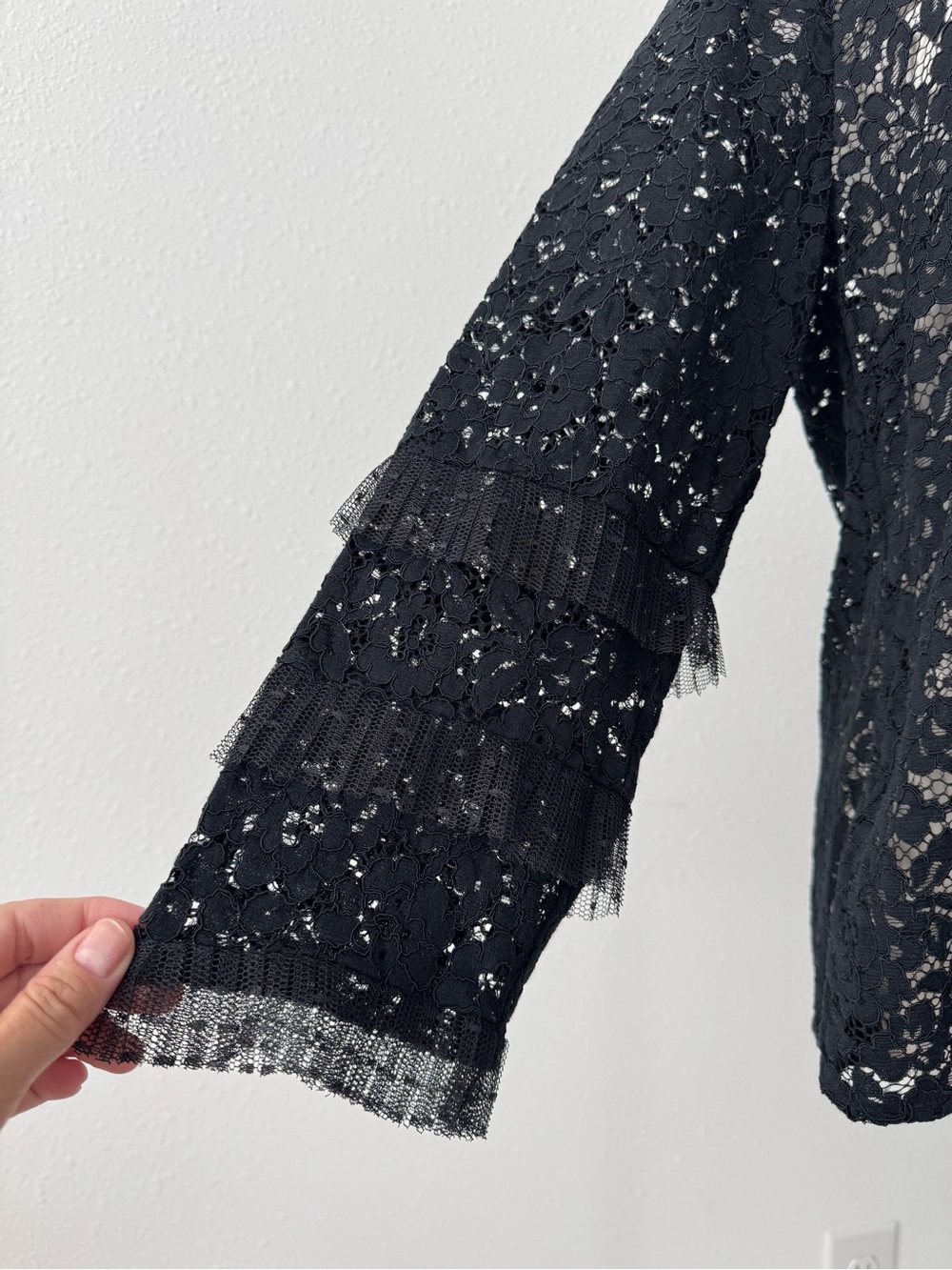 J.Crew Black Lace Blouse Sheer Floral Top Mesh Goth Boho Bell Sleeve Prom event - Picture 4 of 9